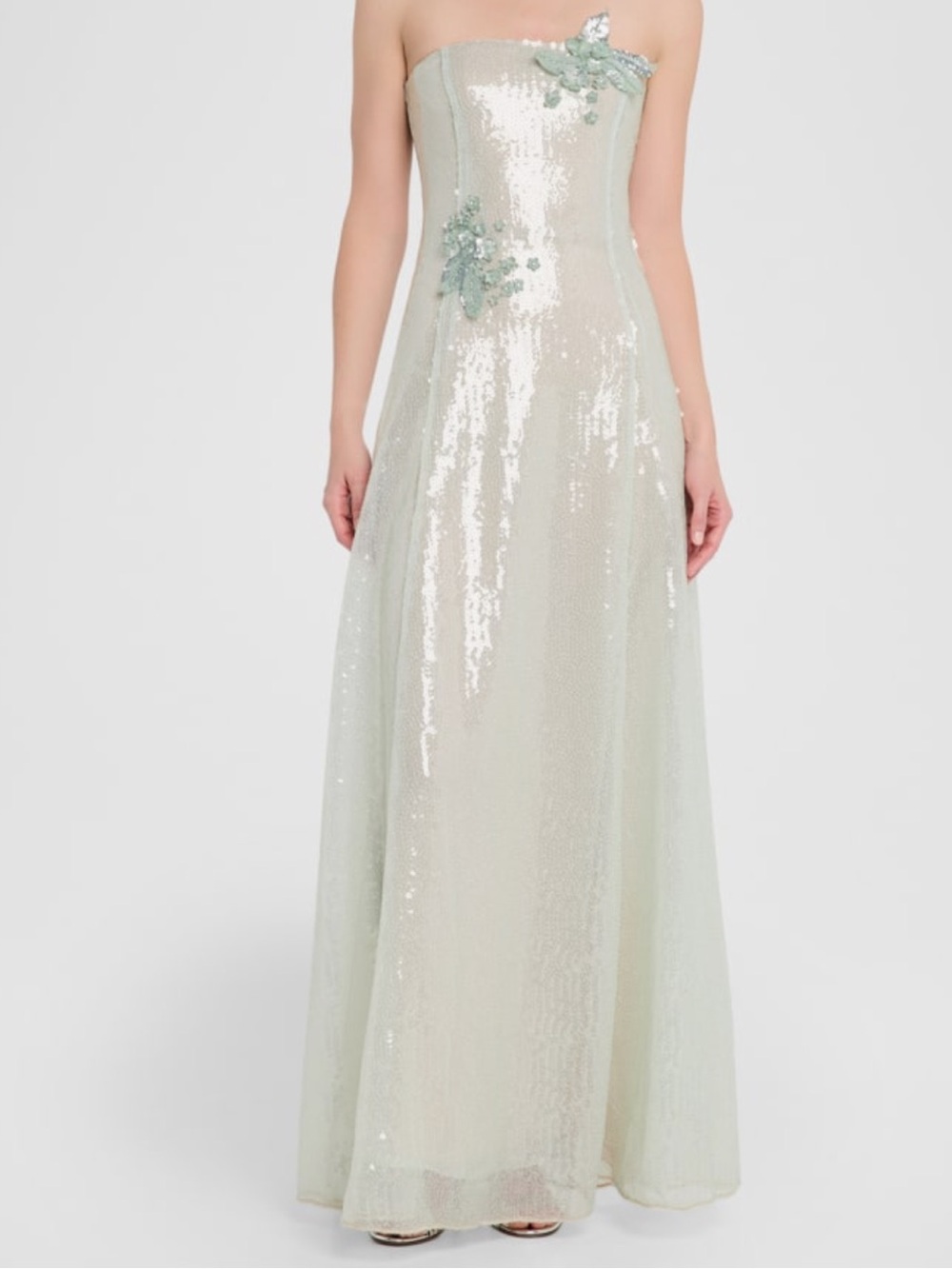 Oscar de la Renta Strapless Sequined Gown in Pale Green with Floral Applique